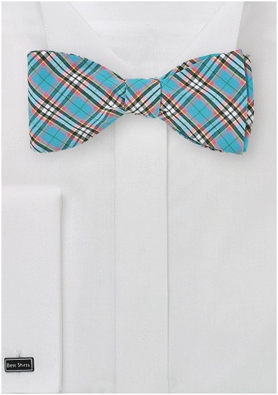 Turquoise Bow Tie with Trendy Plaid Design