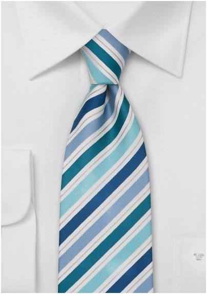 Striped XL Length Tie in Teal, Aqua, and Blue