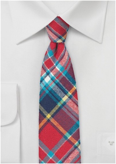 Flannel Madras Plaid Tie in Red, Aqua, and Navy