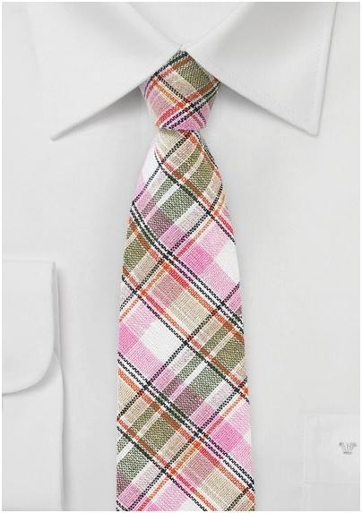 Pink, Tan, and Cream Colored Linen Plaid Tie