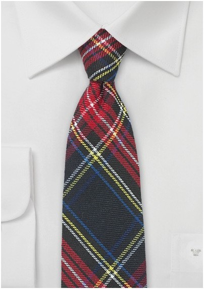 Flannel Plaid Skinny Tie in Black, Red, Yellow, Navy