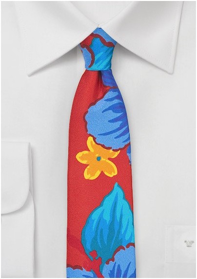Skinny Silk Tie with Tropical Floral Print