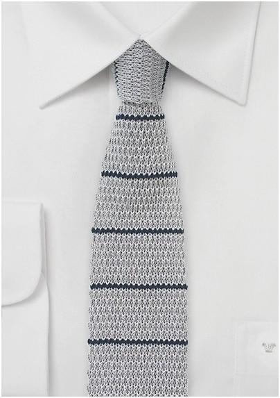 Cotton Knit Striped Tie in Gray and Navy