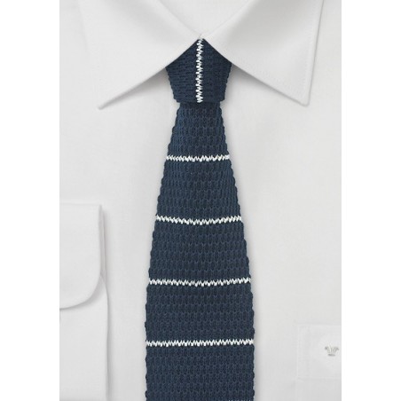Knitted Cotton Tie in Navy with White Stripes
