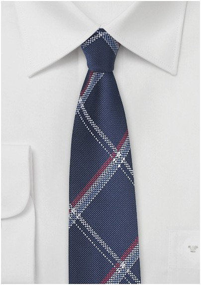 Royal Blue Skinny Tie with Red and Silver Plaid