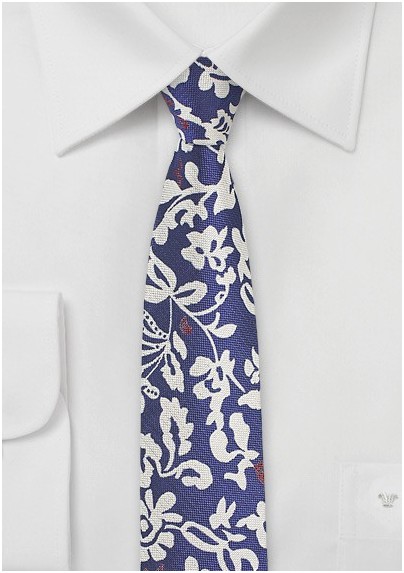 Blue Floral Narrow Silk Necktie