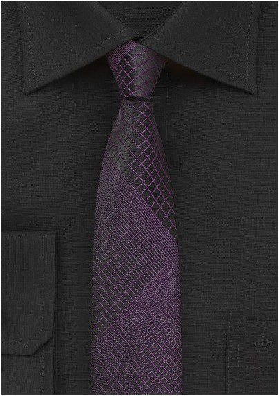 Black and Purple Skinny Tie with Modern Plaid Design