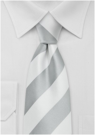 Wide Striped XL Length Tie in Silver and White