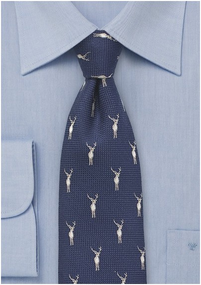 Navy Wool Tie with Woven Stags Pattern