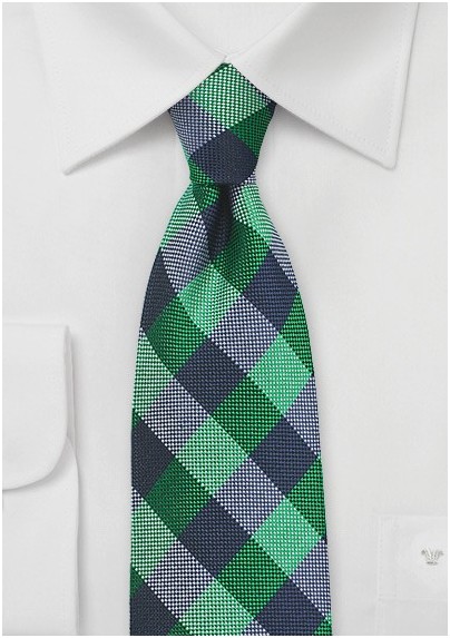 Bold Gingham Check Silk Tie in Kelly and Blue