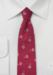 Red Silk Tie with Champagne Colored Floral Design
