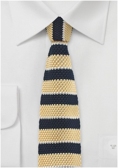 Yellow and Navy Striped Knit Tie