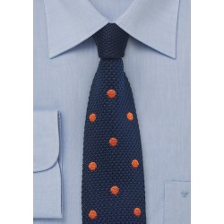 Navy Knit Tie with Tangerine Polka Dots
