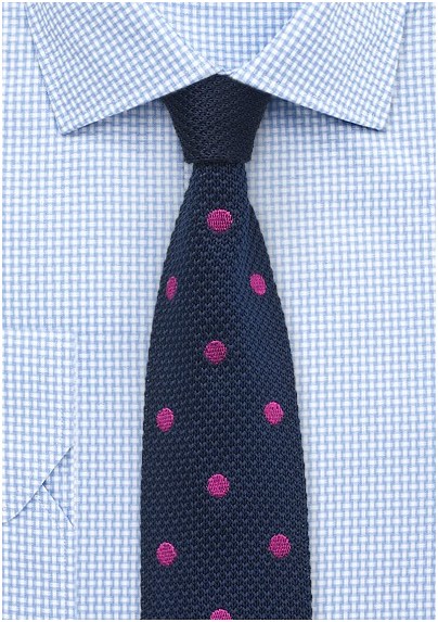 Blue Knit Tie with Pink Polka Dots