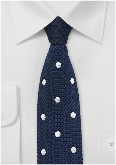 Navy Knit Tie with White Polka Dots