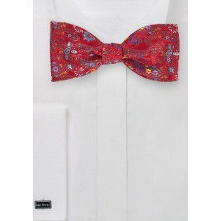 Bright Red Floral Paisley Bow Tie