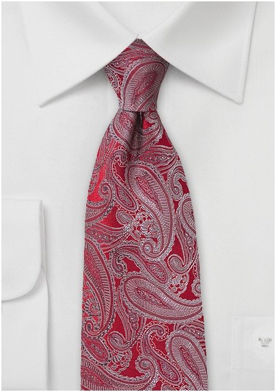 Red Silk Tie with Platinum Silver Paisleys