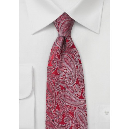 Red Silk Tie with Platinum Silver Paisleys