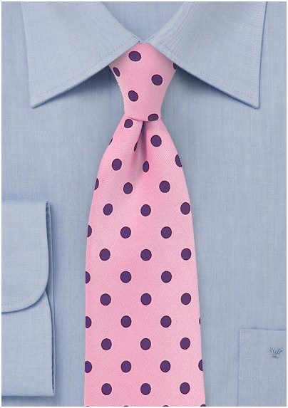 Pink Necktie with Grape Purple Polka Dots