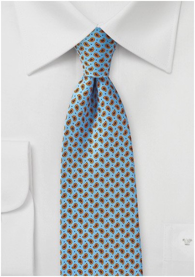 Allover Paisley Tie in Light Blue, Orange, and Navy