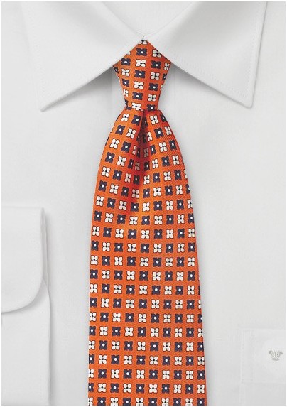 Carrot Orange Tie with Flowers in Blue and Peach