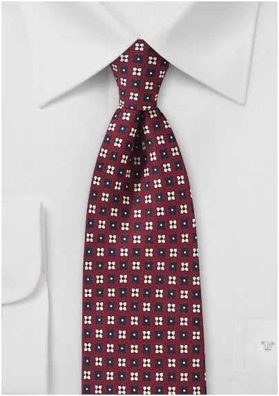 Burgundy Tie with Cream and Navy Flowers