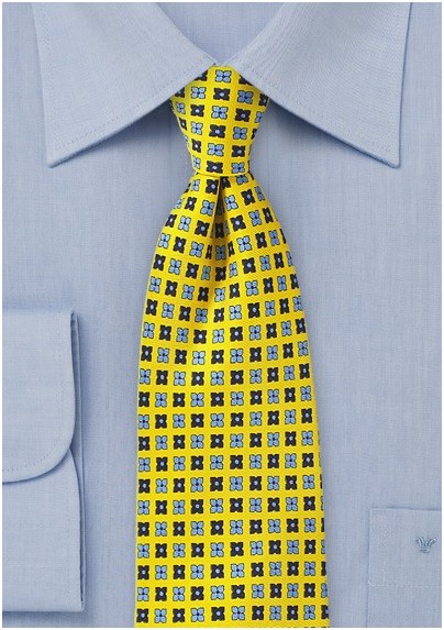 Bright Yellow Floral Tie with Blue Accents