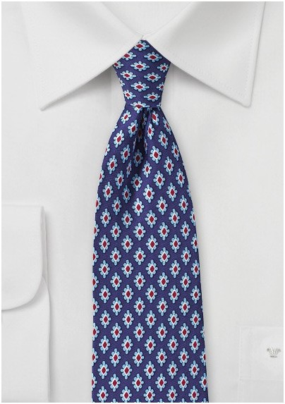 Retro Pattern Silk Tie in Navy, Red, and Light Blue