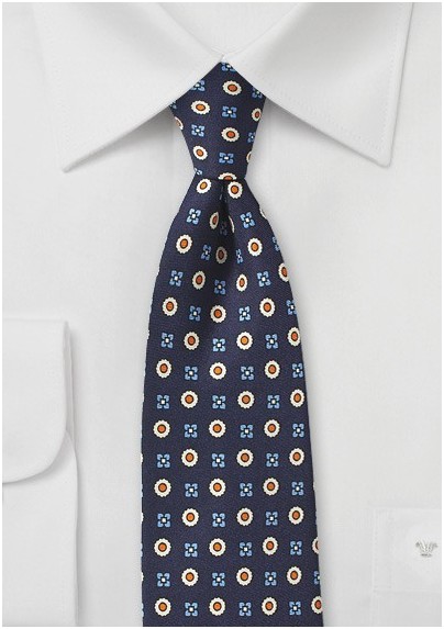 Elegant Foulard Print Tie in Blue, Orange, and Beige