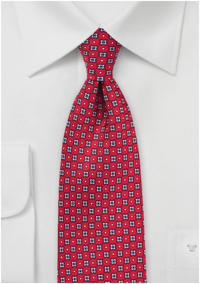 Geometric Floral Tie in Cherry Red and Blue