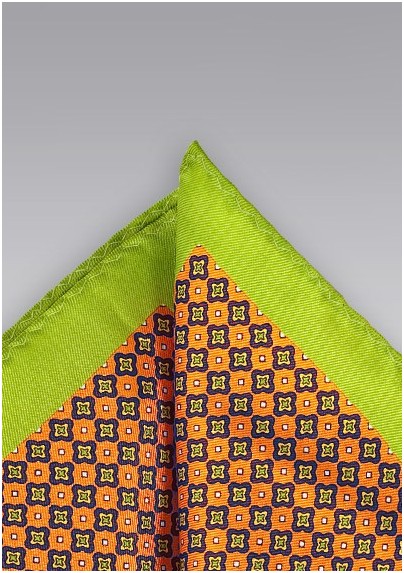 Foulard Print Pocket Square in Orange and Lime