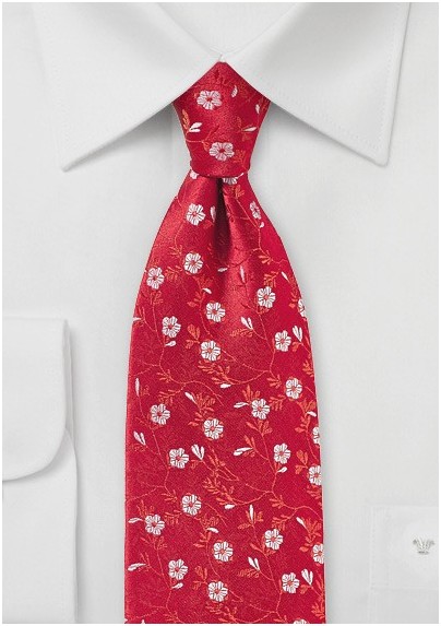 Bright Red and Silver Floral Tie