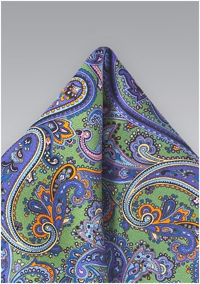 Wild Paisley Pocket Square in Green and Purple