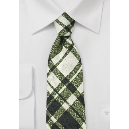 Beige and Green Wool Plaid Tie