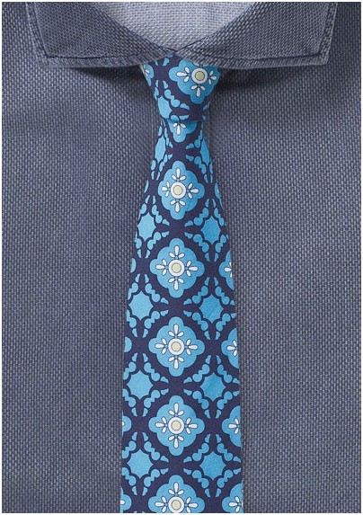 Tile Design Skinny Tie in Blue and Aqua