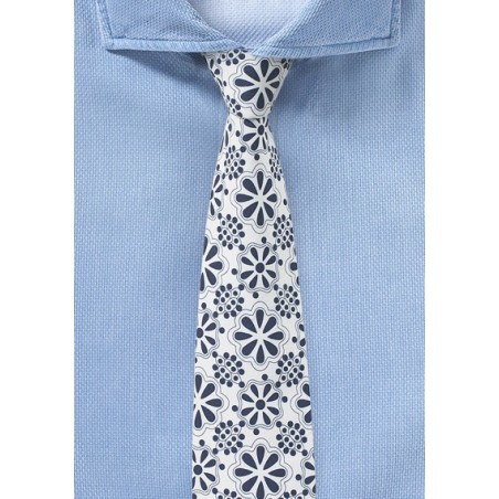Floral Lace Print Cotton Tie in White and Blue