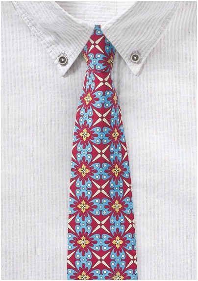 Bold Geometric Print Cotton Tie in Red, Turquoise, and Yellow