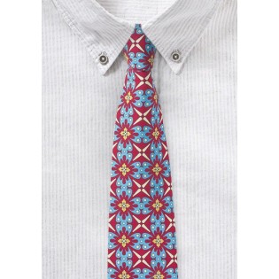 Bold Geometric Print Cotton Tie in Red, Turquoise, and Yellow