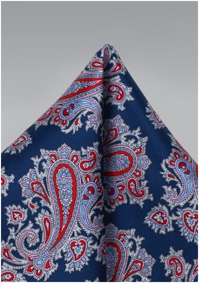 Silk Paisley Pocket Square in Navy, Lavender, and Red