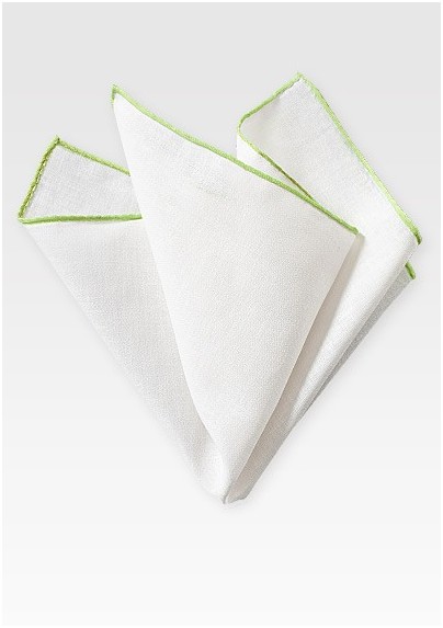 White Linen Hanky with Lime Border
