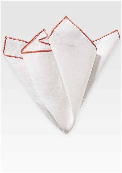 White and Coral Peach Linen Hanky