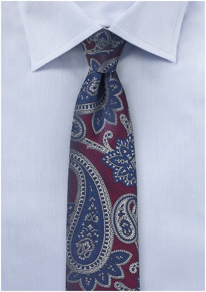 Plum Color Skinny Tie with Silver and Blue Paisleys