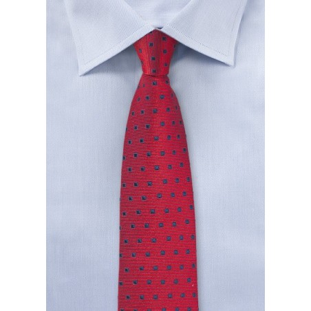 Cherry Red Tie with Navy Squares