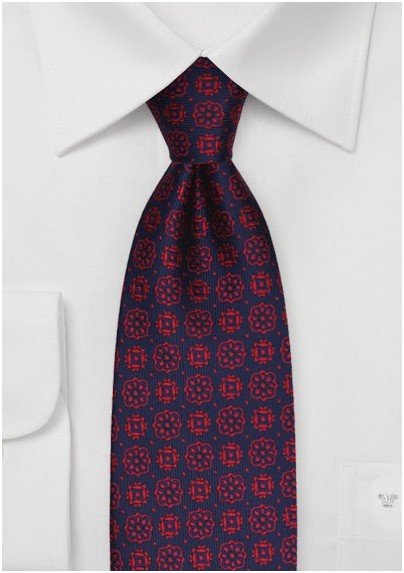 Woven Medallion Pattern Tie in Navy and Red