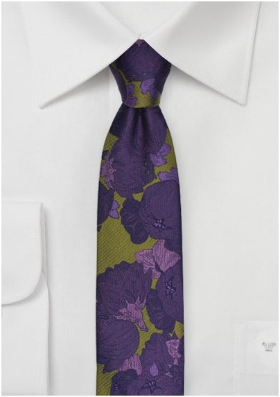 Skinny Floral Tie in Chartreuse Green and Purple