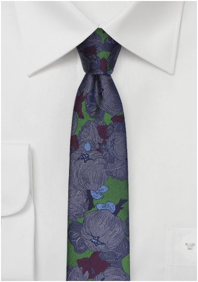 Skinny Floral Silk Tie in Forest Green and Purple