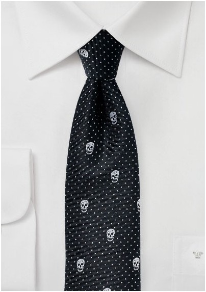 Black Skinny Tie with Metallic Skull Design