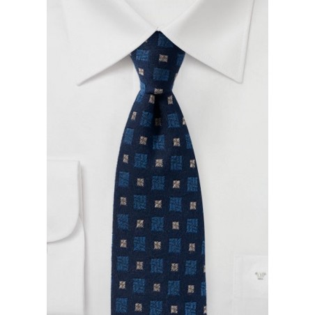 Navy Blue Wool Tie with Medallion Design