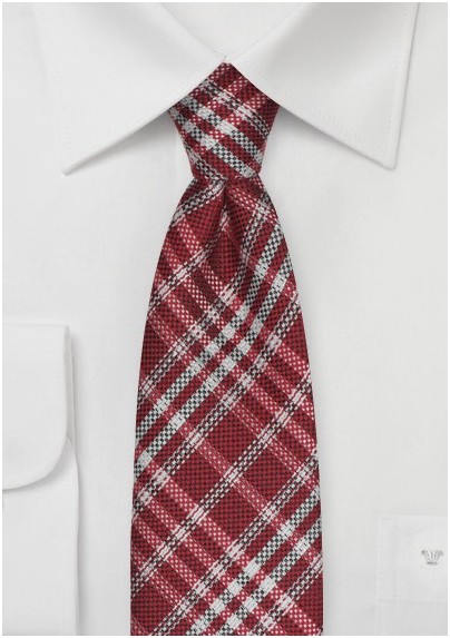 Plaid Tie in Crimson Red and Silver