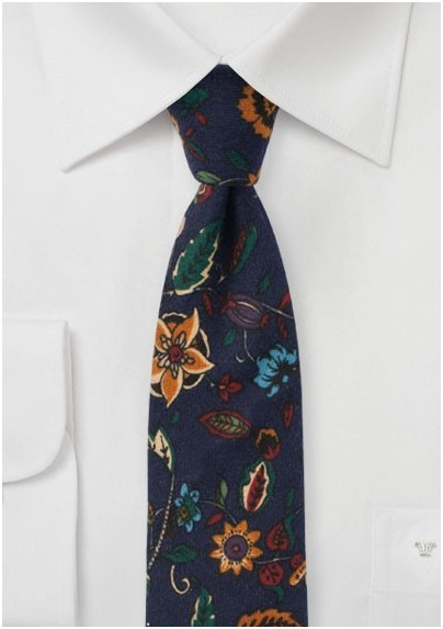 Dark Navy Flannel Print Floral Tie